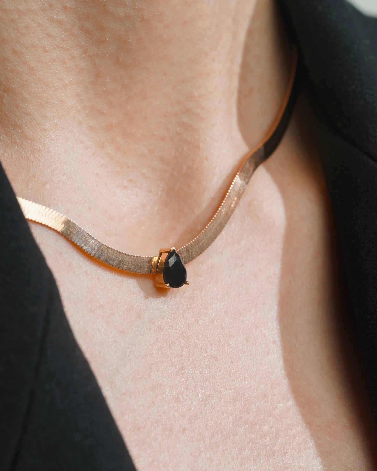 Rose Gold Herringbone Chain Necklace- Black stone