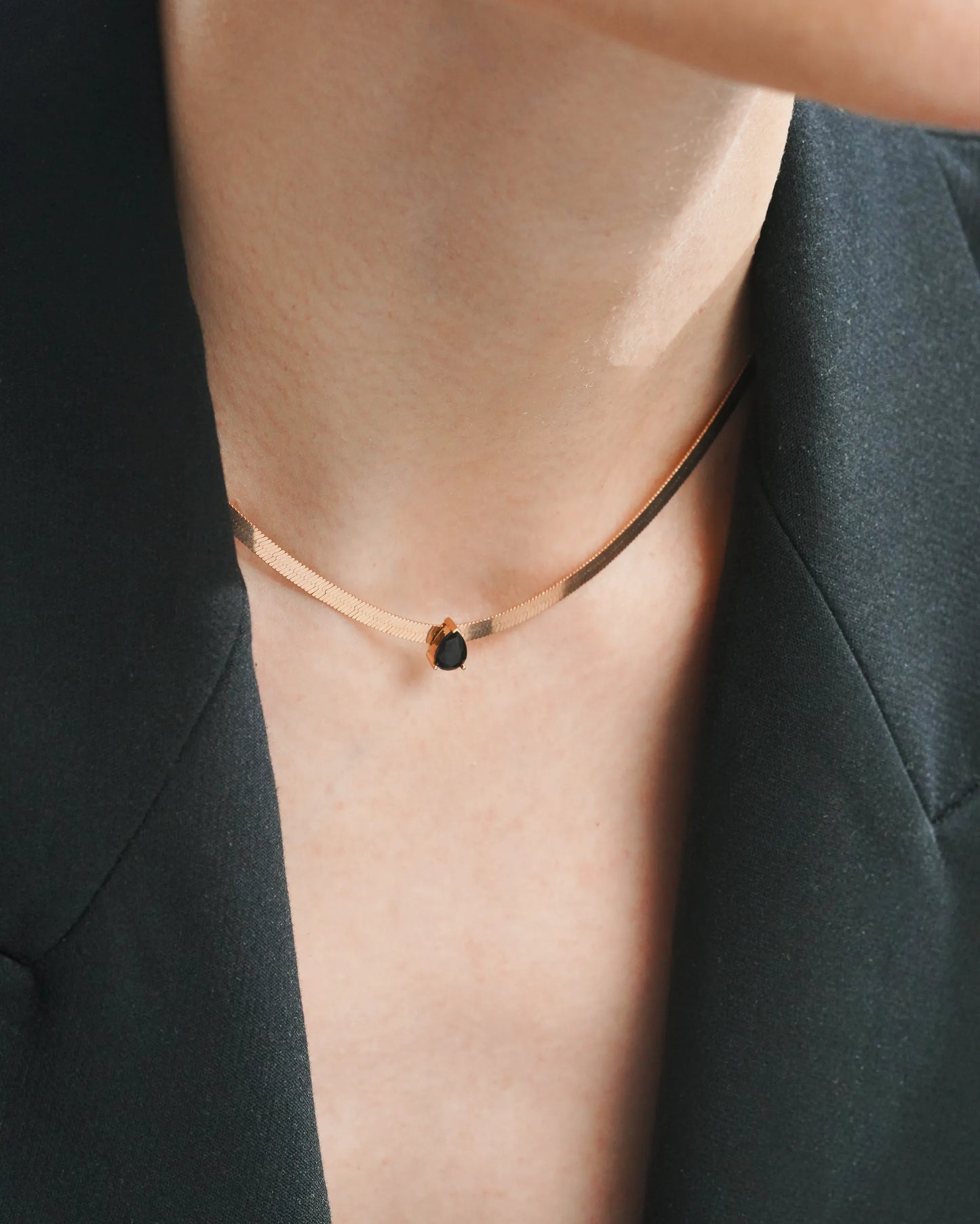 Rose Gold Herringbone Chain Necklace- Black stone